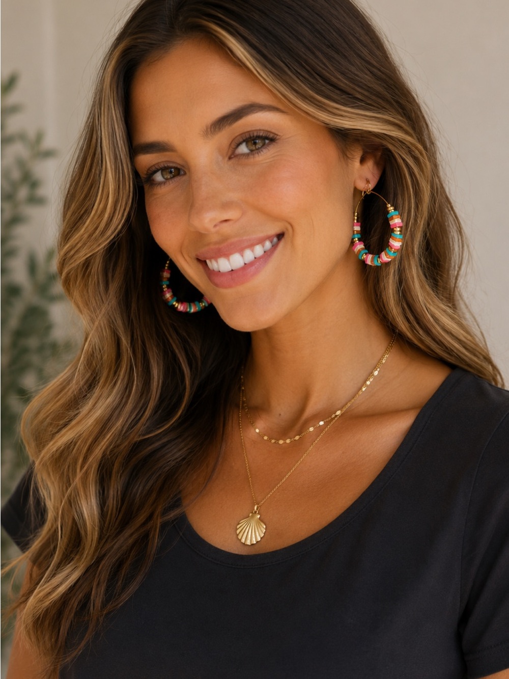 Multicolor Beaded Hoop Earrings - Gold